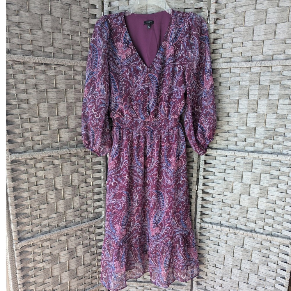 Talbots Midi Dress Plum Paisley Metallic Smocked Ruffle Hem Balloon Sleeve 6P